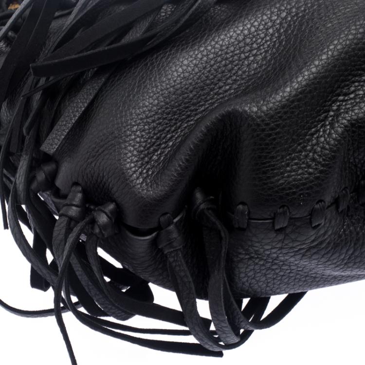 مملوكة مسبقًا Valentino Black Leather C Rockee Studded Fringe Hobo