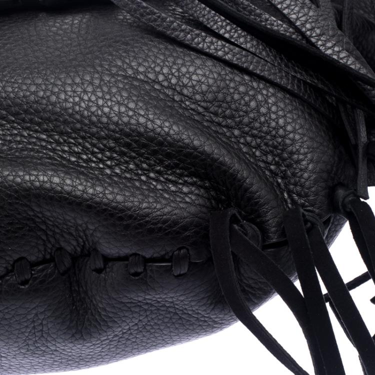 مملوكة مسبقًا Valentino Black Leather C Rockee Studded Fringe Hobo