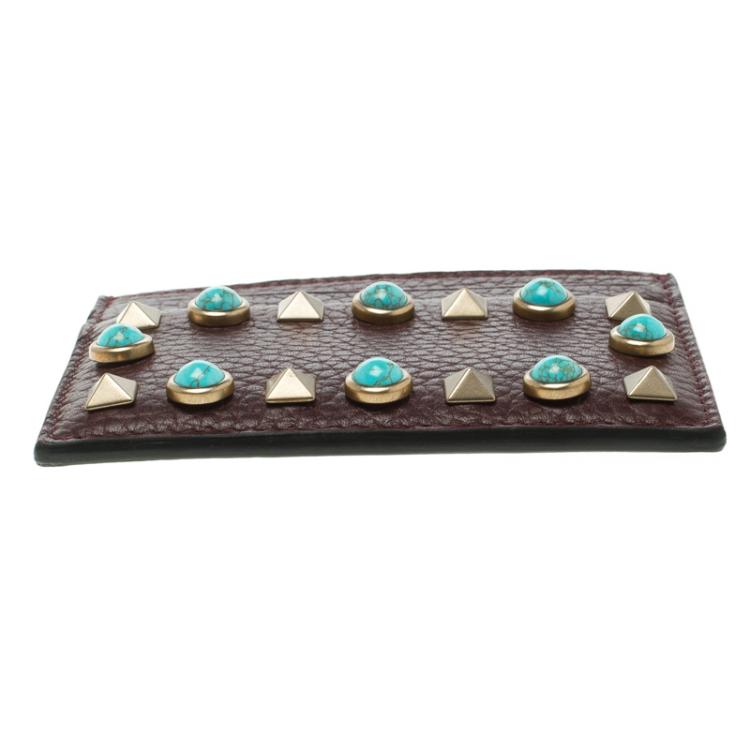 Pre Owned Valentino Burgundy Leather Rockstud Embellished Card Holder