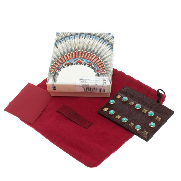 Pre Owned Valentino Burgundy Leather Rockstud Embellished Card Holder
