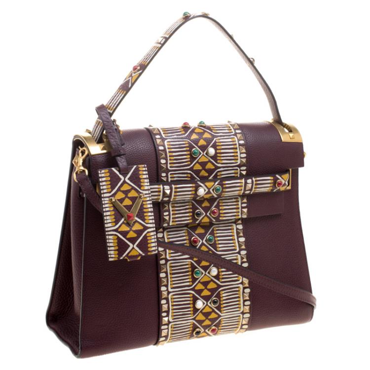 Pre Owned Valentino Burgundy Painted Leather My Rockstud Top Handle Bag