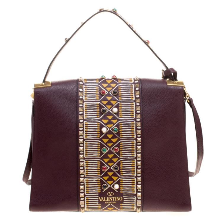 Pre Owned Valentino Burgundy Painted Leather My Rockstud Top Handle Bag