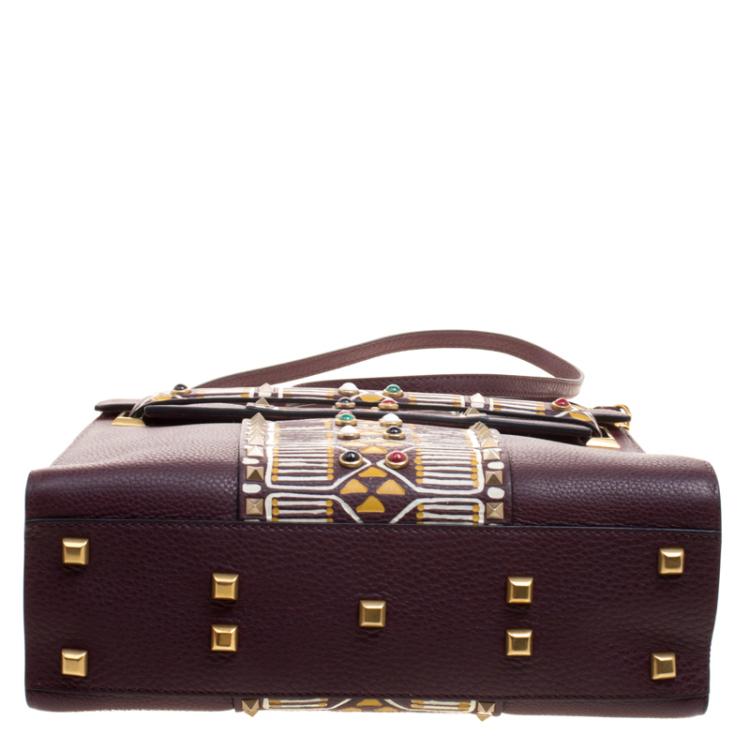 Pre Owned Valentino Burgundy Painted Leather My Rockstud Top Handle Bag