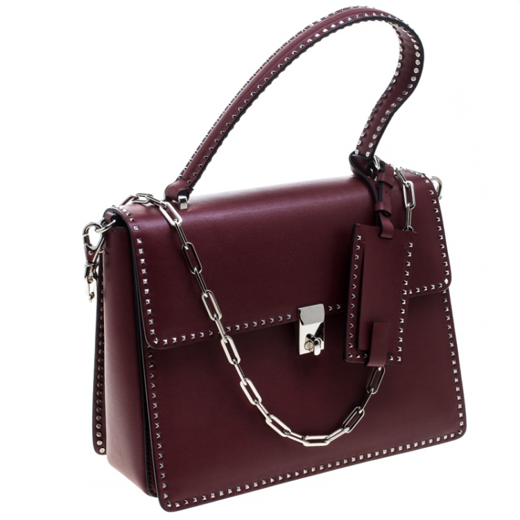 Pre Owned Valentino Burgundy Leather Studded Micro Rockstud Top handle Bag