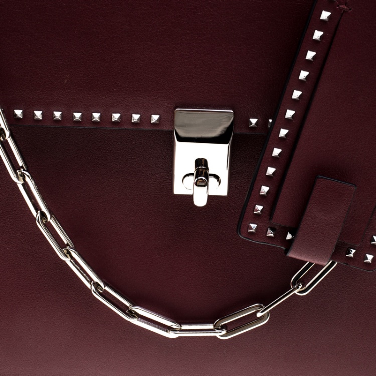 Pre Owned Valentino Burgundy Leather Studded Micro Rockstud Top handle Bag
