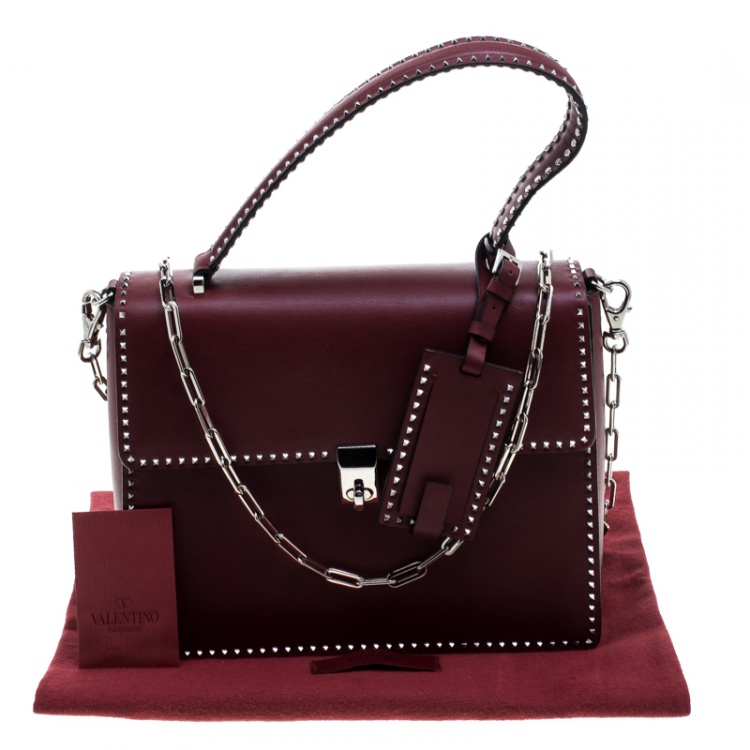 Pre Owned Valentino Burgundy Leather Studded Micro Rockstud Top handle Bag