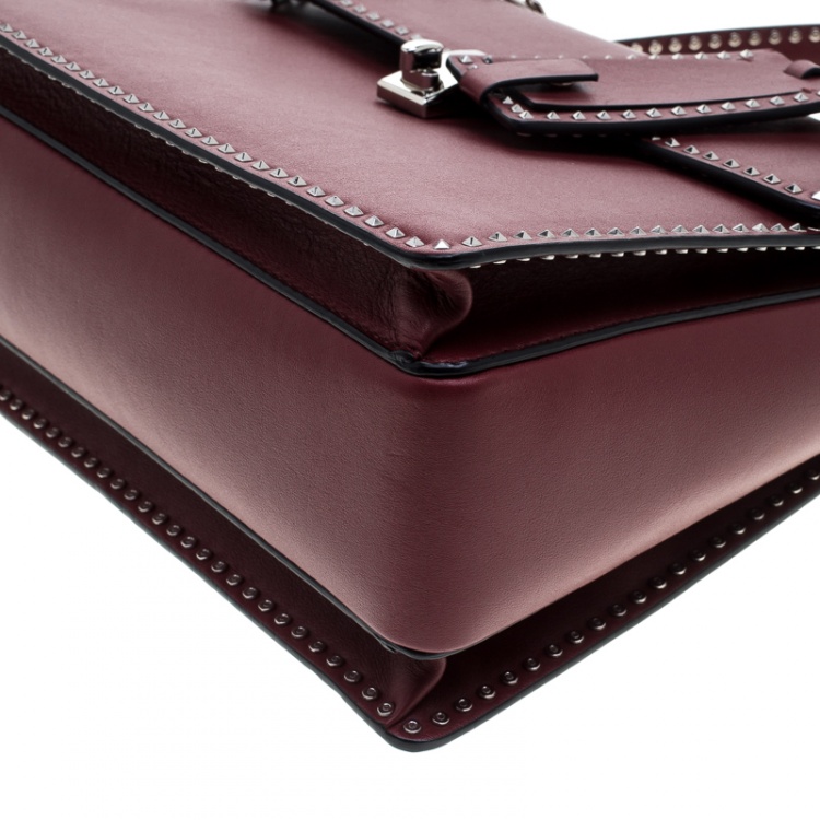 Pre Owned Valentino Burgundy Leather Studded Micro Rockstud Top handle Bag
