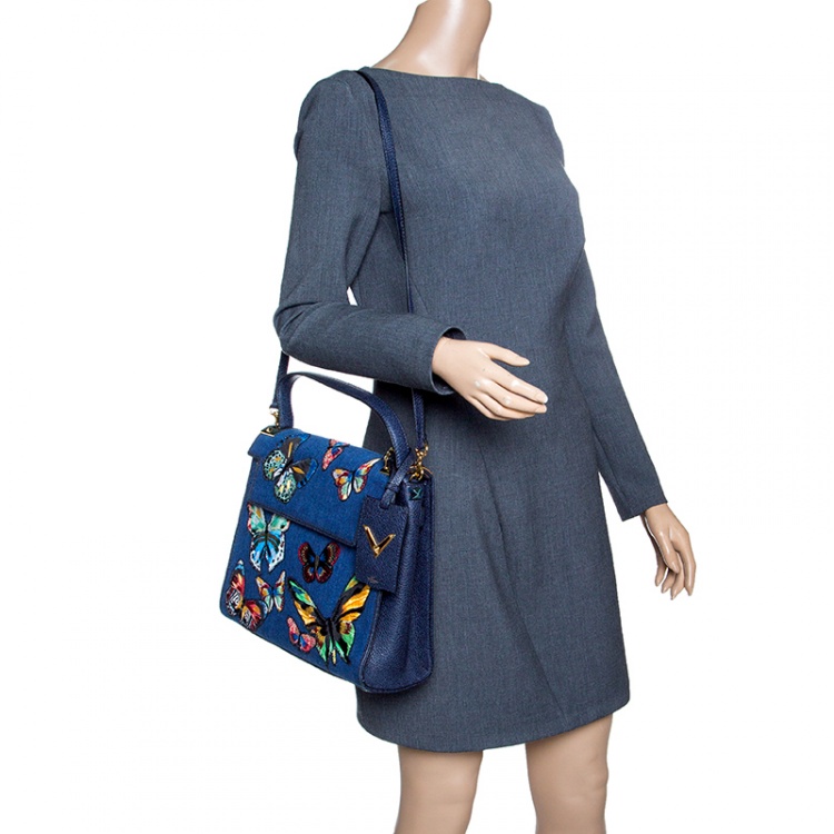 Pre Owned Valentino Blue/Multicolor Denim Butterfly My Rockstud Top Handle Bag