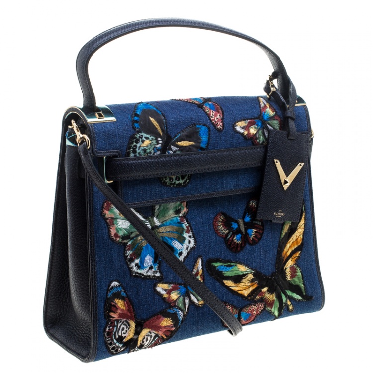 Pre Owned Valentino Blue/Multicolor Denim Butterfly My Rockstud Top Handle Bag