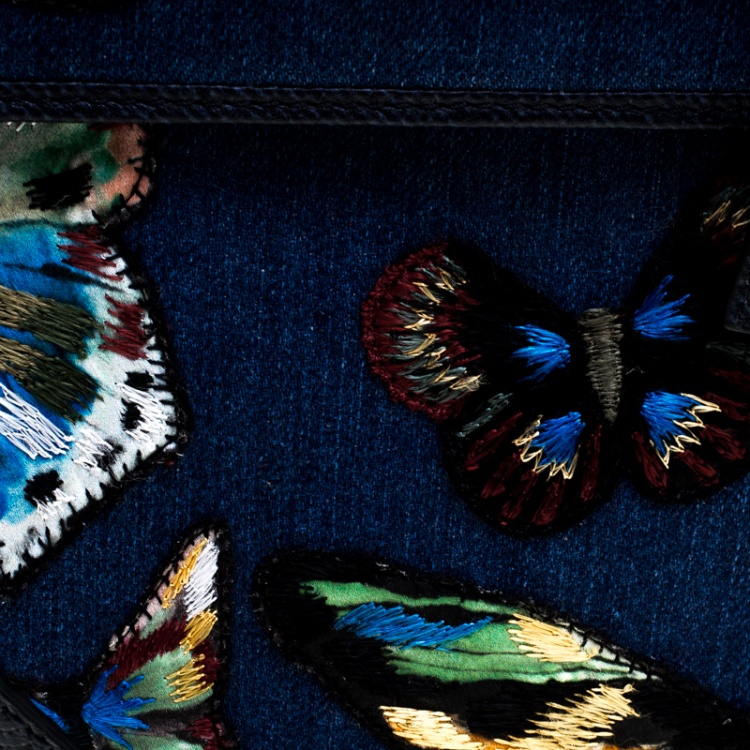 Pre Owned Valentino Blue/Multicolor Denim Butterfly My Rockstud Top Handle Bag