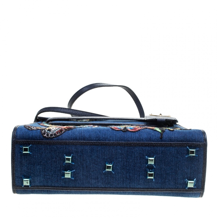 Pre Owned Valentino Blue/Multicolor Denim Butterfly My Rockstud Top Handle Bag