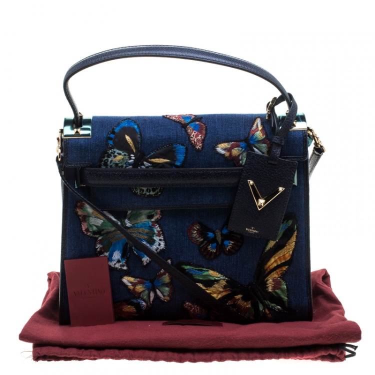 Pre Owned Valentino Blue/Multicolor Denim Butterfly My Rockstud Top Handle Bag
