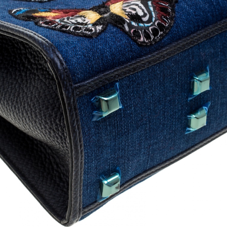 Pre Owned Valentino Blue/Multicolor Denim Butterfly My Rockstud Top Handle Bag