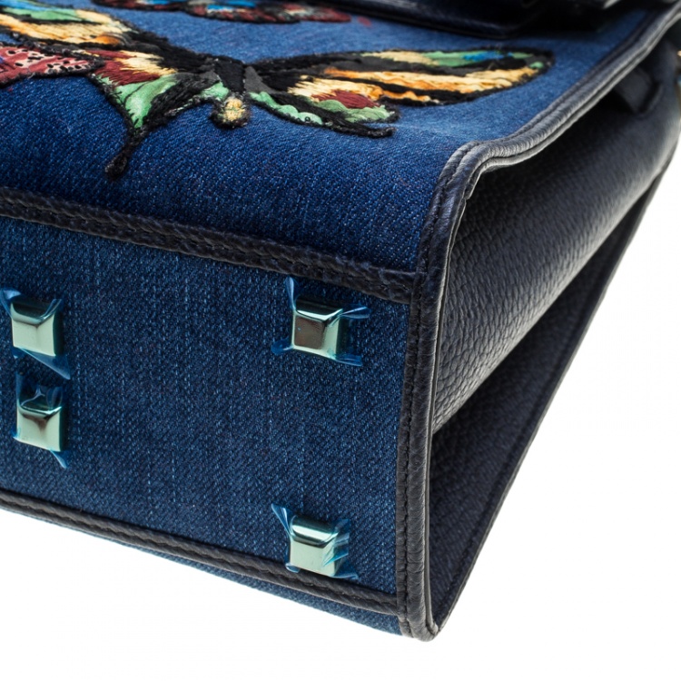 Pre Owned Valentino Blue/Multicolor Denim Butterfly My Rockstud Top Handle Bag