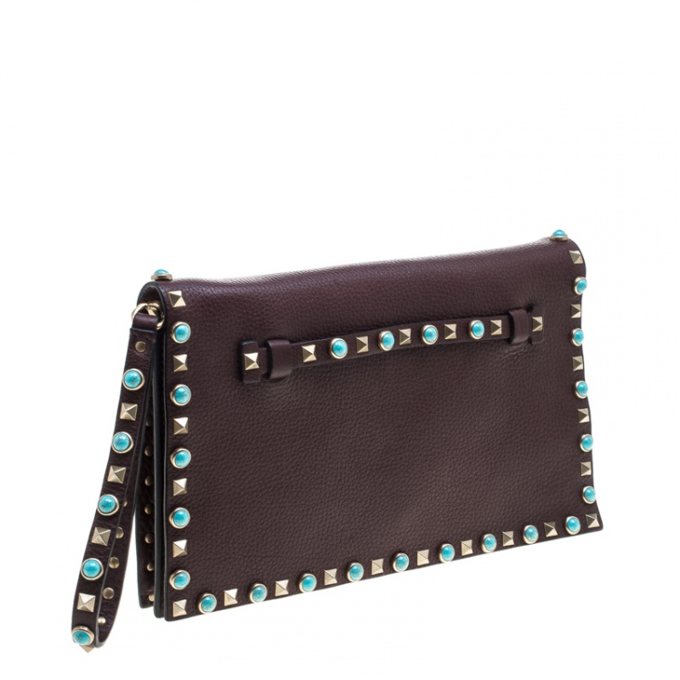 Pre Owned Valentino Burgundy Leather Rockstud Wristlet Clutch