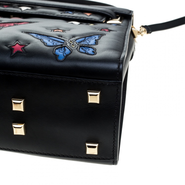 Pre Owned Valentino Black Leather Butterfly My Rockstud Top Handle Bag
