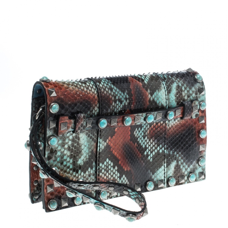 Pre Owned Valentino Multicolor Python Rockstud Wristlet Clutch