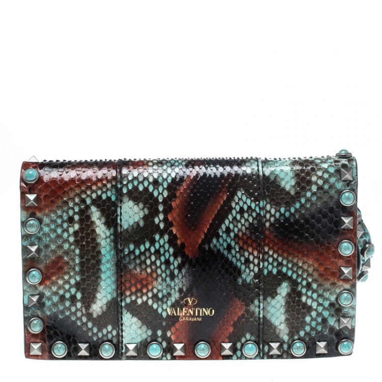 Pre Owned Valentino Multicolor Python Rockstud Wristlet Clutch