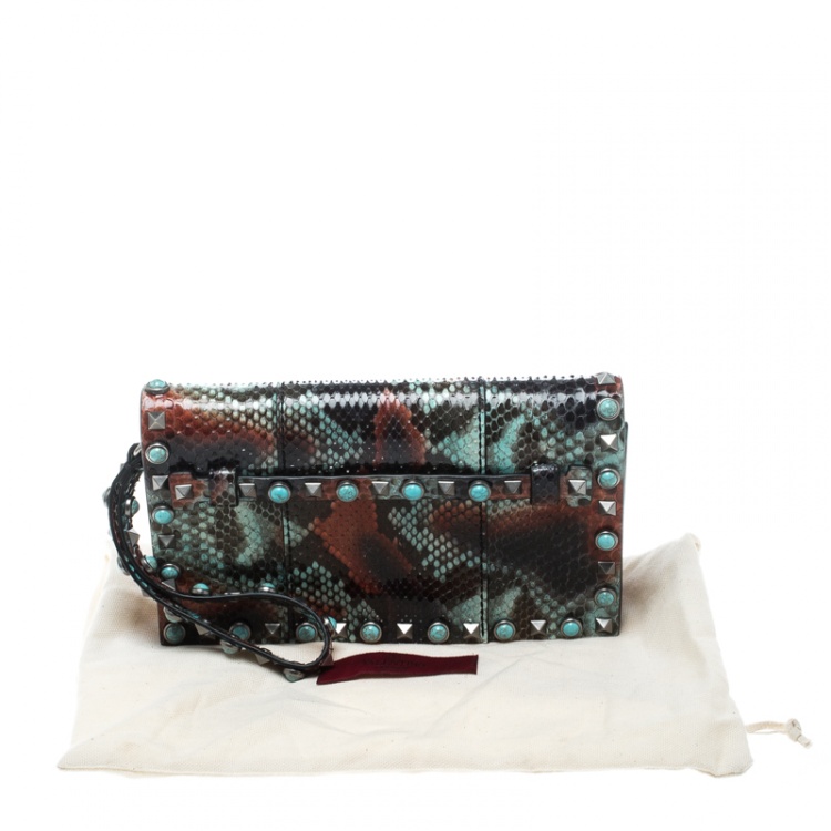 Pre Owned Valentino Multicolor Python Rockstud Wristlet Clutch