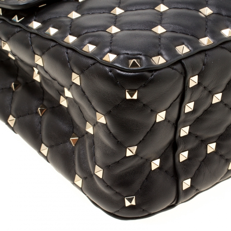 Pre Owned Valentino Black Leather Large Rockstud Top Handle Bag