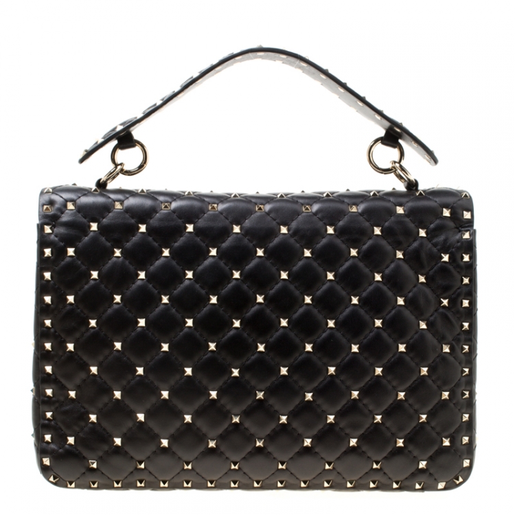 Pre Owned Valentino Black Leather Large Rockstud Top Handle Bag