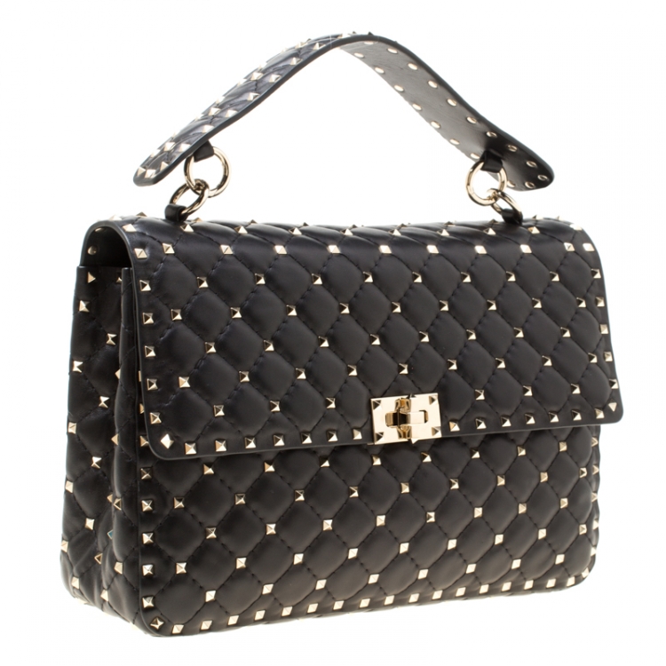 Pre Owned Valentino Black Leather Large Rockstud Top Handle Bag