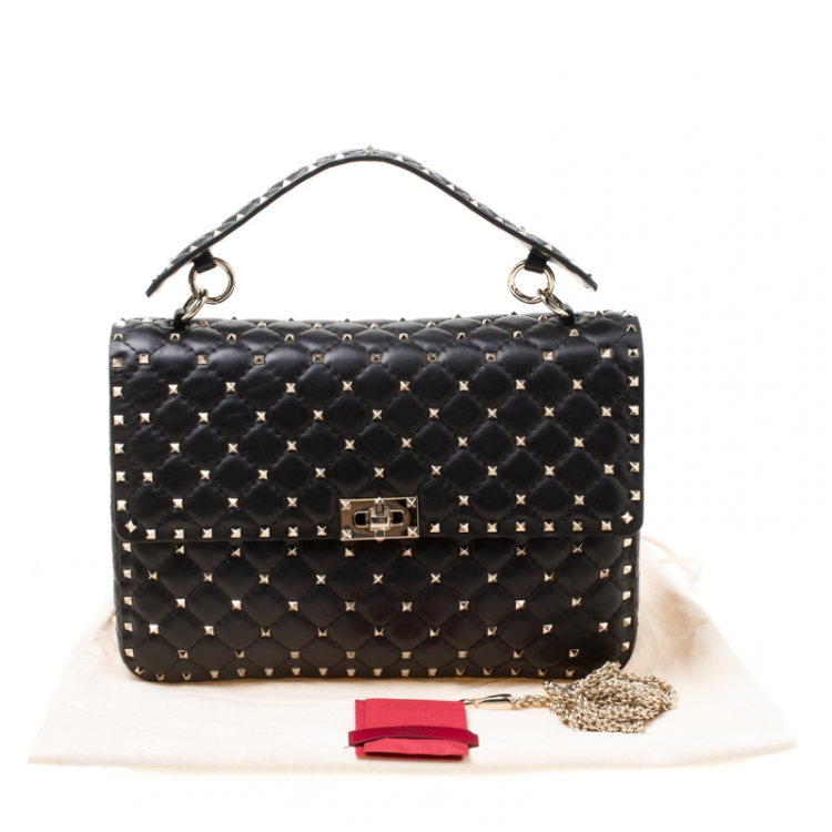 Pre Owned Valentino Black Leather Large Rockstud Top Handle Bag
