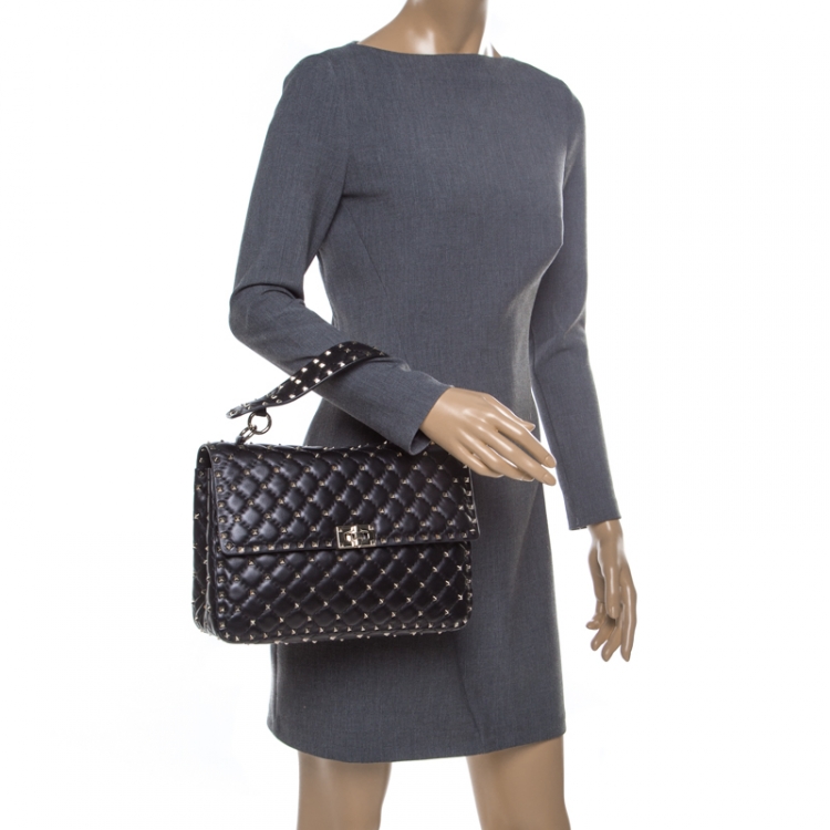Pre Owned Valentino Black Leather Large Rockstud Top Handle Bag