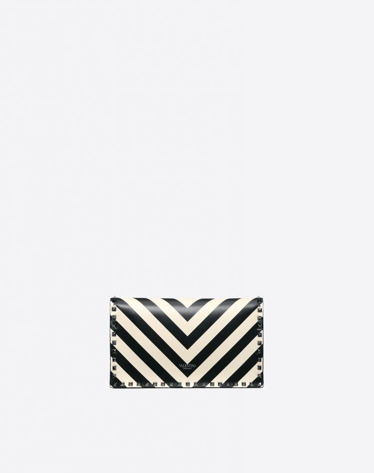 Pre Owned Valentino Light Ivory/Nero Striped Leather Rockstud Wristlet Clutch