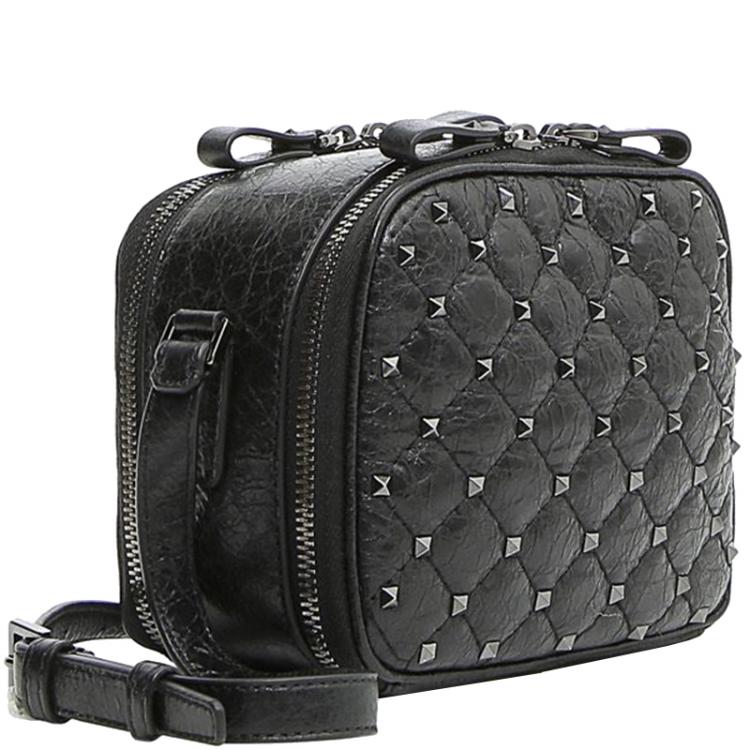 Valentino Black Quilted Soft Crackle Leather Rockstud Spike Camera