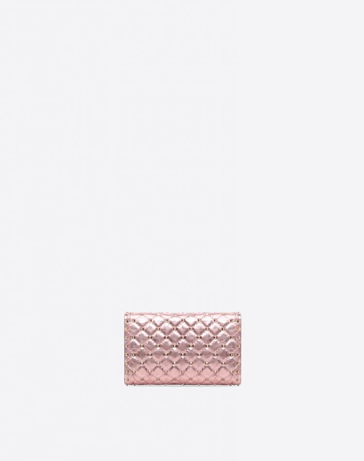 Pre Owned Valentino Lipstick Metallic Quilted Soft Leather Rockstud Spike Chain Clutch Bag