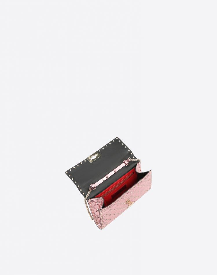 Pre Owned Valentino Lipstick Metallic Quilted Soft Leather Rockstud Spike Chain Clutch Bag