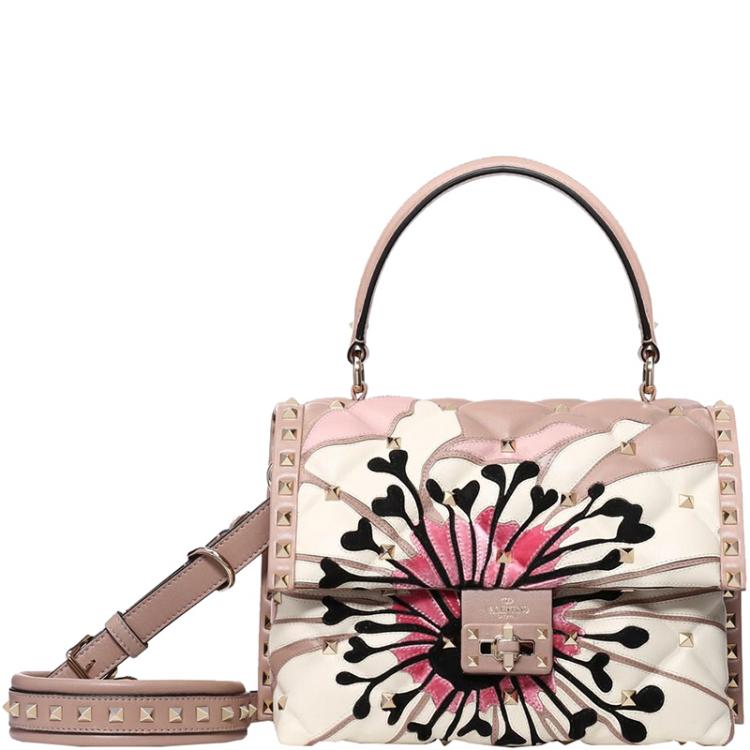 Pre Owned Valentino Poudre Quilted Leather Anemone Flower Intarsia Candystud Top Handle Bag