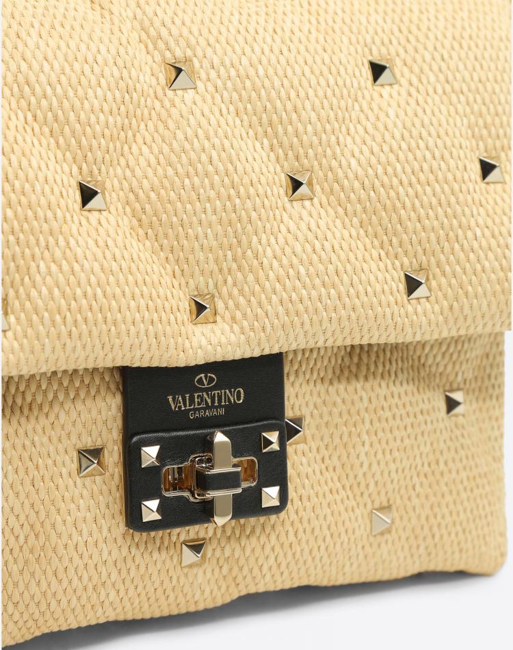 Pre Owned Valentino Naturale/Nero Quilted Raffia and Leather Candystud Top Handle Bag