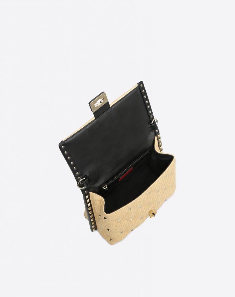 Pre Owned Valentino Naturale/Nero Quilted Raffia and Leather Candystud Top Handle Bag