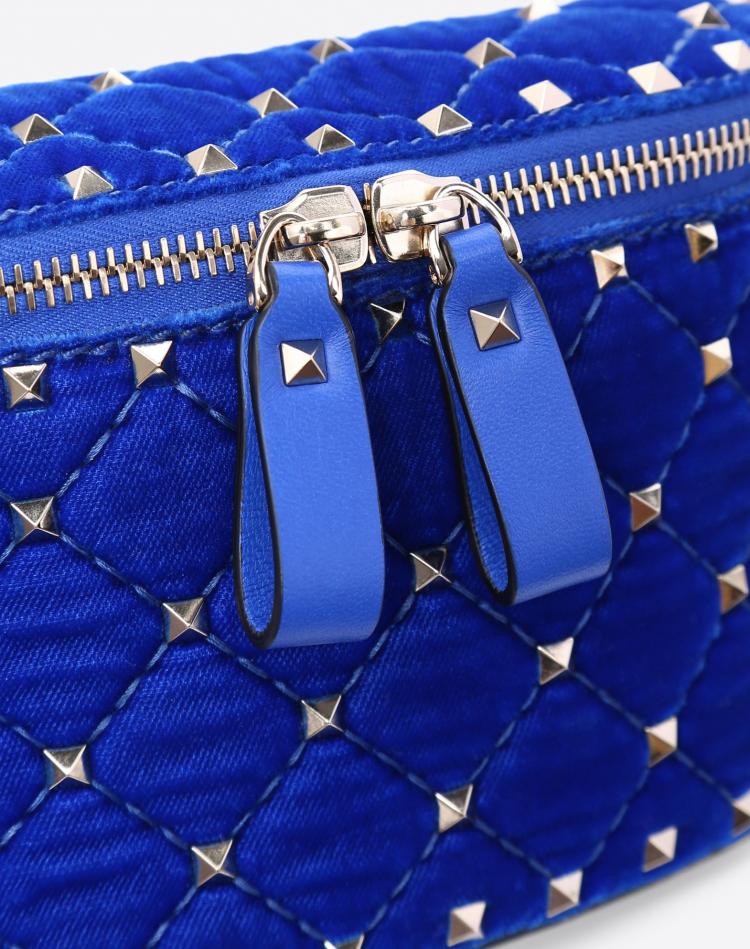 Pre Owned Valentino Acid Bluette Quilted Velvet Rockstud Spike Belt Bag