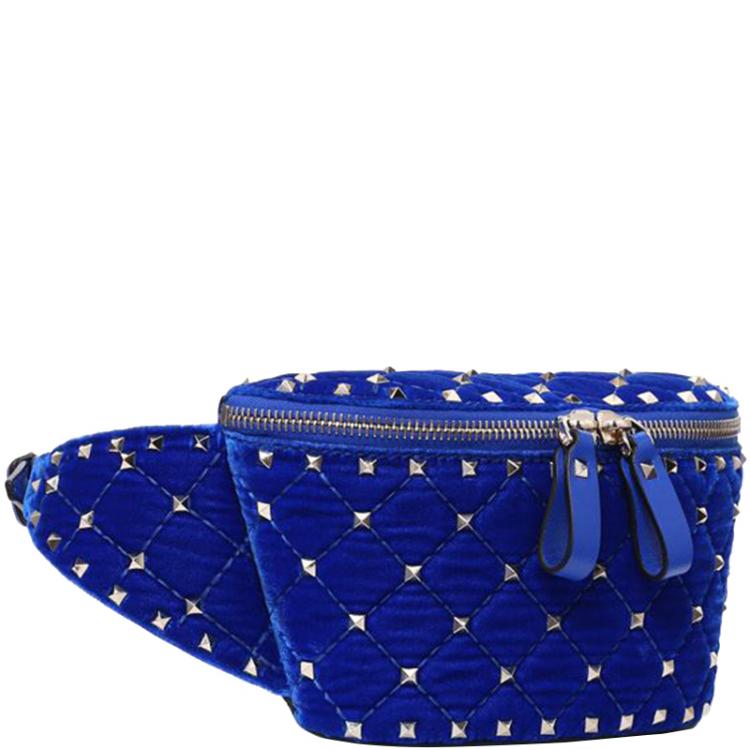 Pre Owned Valentino Acid Bluette Quilted Velvet Rockstud Spike Belt Bag