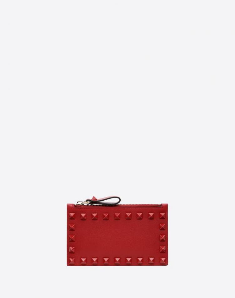 Pre Owned Valentino Rosso V. Leather Lacquer Rockstud Card Case