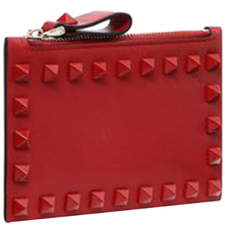 Pre Owned Valentino Rosso V. Leather Lacquer Rockstud Card Case