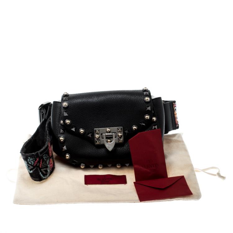 Pre Owned Valentino Black Leather Guitar Rockstud Rolling Belt Bag