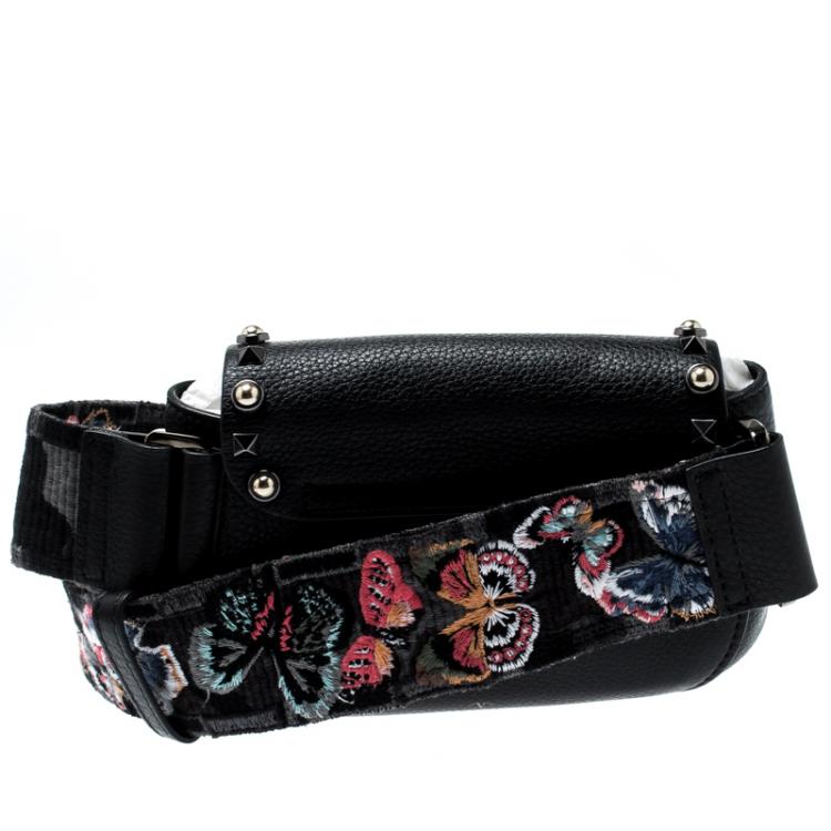 Pre Owned Valentino Black Leather Guitar Rockstud Rolling Belt Bag