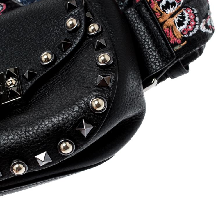 Pre Owned Valentino Black Leather Guitar Rockstud Rolling Belt Bag