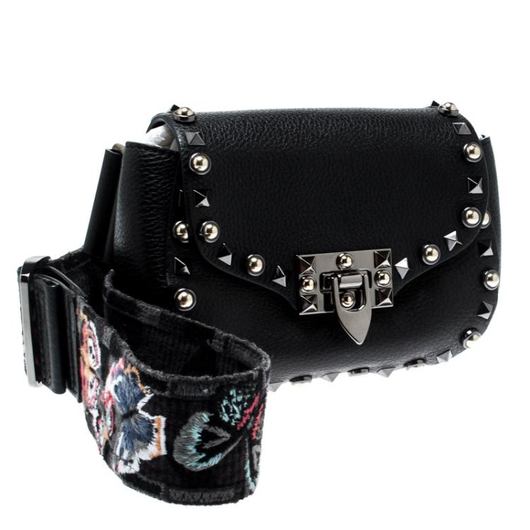 Pre Owned Valentino Black Leather Guitar Rockstud Rolling Belt Bag