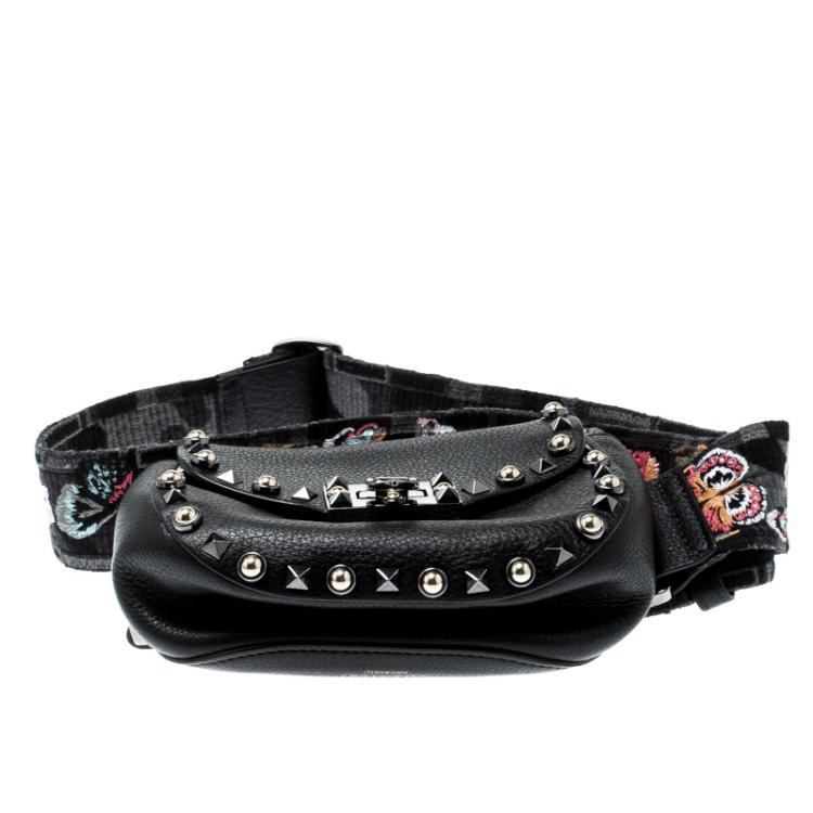 Pre Owned Valentino Black Leather Guitar Rockstud Rolling Belt Bag