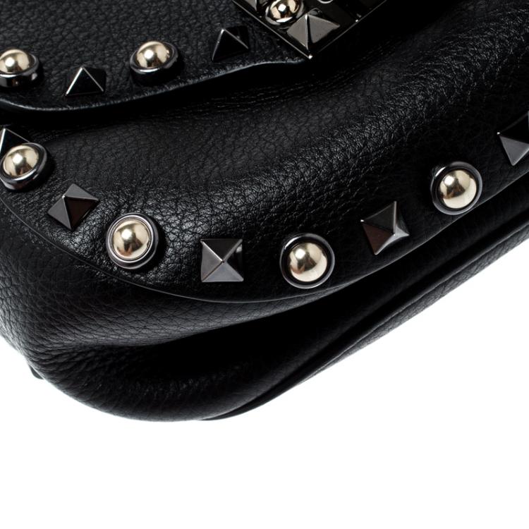 Pre Owned Valentino Black Leather Guitar Rockstud Rolling Belt Bag