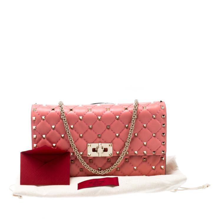 Pre Owned Valentino Paradise Rose Quilted Soft Leather Rockstud Spike Chain Clutch Bag