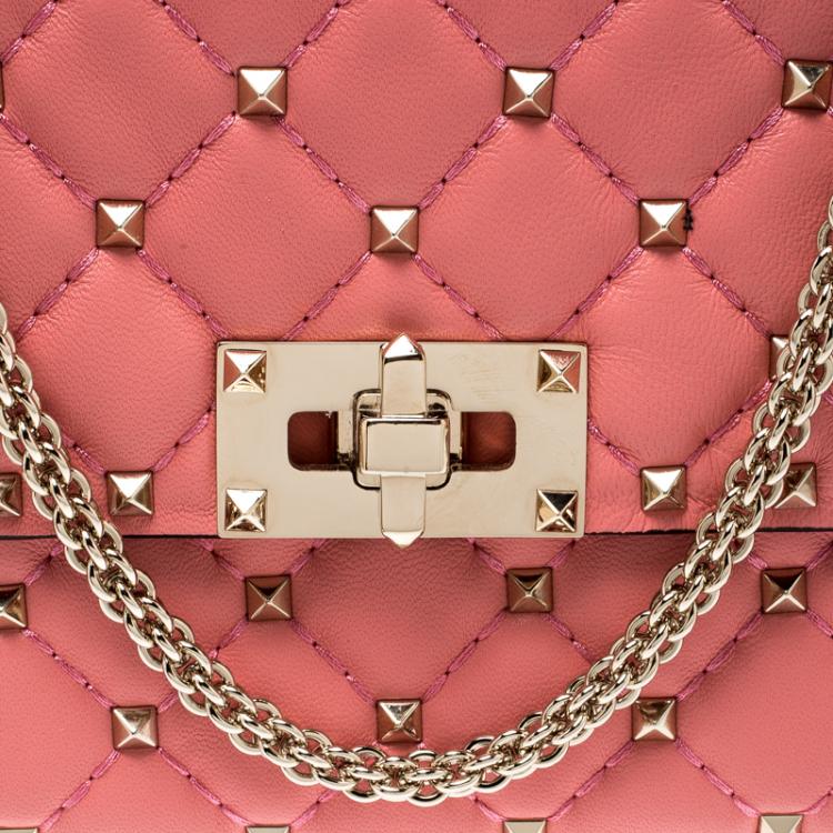 Pre Owned Valentino Paradise Rose Quilted Soft Leather Rockstud Spike Chain Clutch Bag