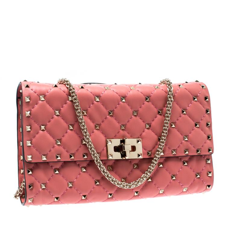 Pre Owned Valentino Paradise Rose Quilted Soft Leather Rockstud Spike Chain Clutch Bag