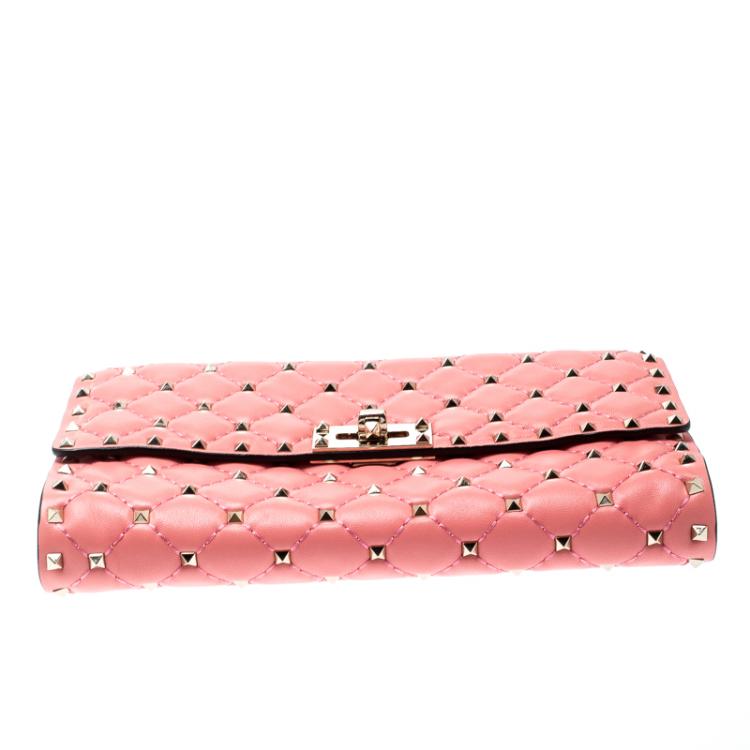 Pre Owned Valentino Paradise Rose Quilted Soft Leather Rockstud Spike Chain Clutch Bag