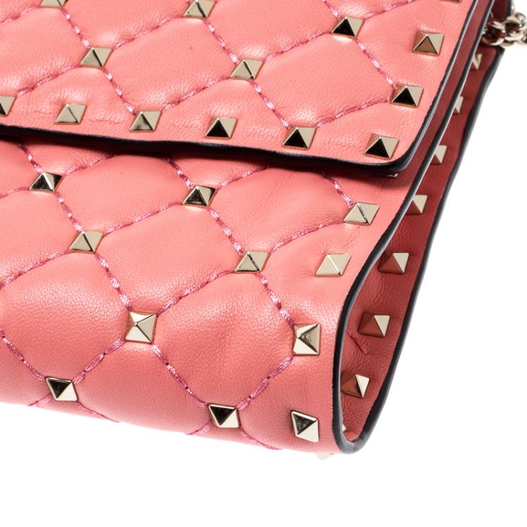 Pre Owned Valentino Paradise Rose Quilted Soft Leather Rockstud Spike Chain Clutch Bag